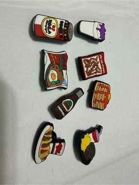 Lot of 8 Food Fun Shoe Charms - Pancakes, Burger, Noodles, Sauces